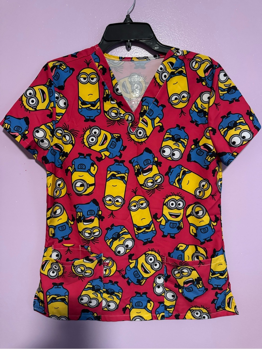 V-Neck Short Sleeve Minions Print Top in Pink and Yellow